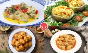 Cuatro platos deliciosos: patatas rellenas, buñuelos, guiso de patatas y verduras salteadas. ¡Ideas para tus recetas con verduras!