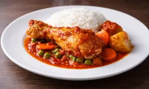 Sabroso estofado de pollo con arroz blanco, patatas y zanahorias.
