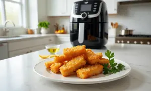 Palitos dorados de bacalao en airfryer, crujientes y listos para disfrutar.