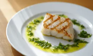 Un delicioso bacalao a la plancha, con marcas de parrilla doradas, servido en un plato blanco con aceite de oliva y hierbas frescas picadas.