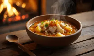 Un humeante plato de bacalao al horno sencilla, con patatas y verduras, junto a una chimenea encendida.