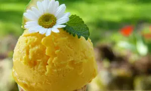 Delicioso helado de naranja en cono, adornado con una flor blanca, hoja de menta y rodaja de lima. Un placer refrescante bajo el sol.