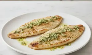 Dos filetes de merluza a la plancha, dorados y sazonados, con una guarnición verde y aceite.