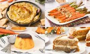 Hummus, zanahorias asadas, flan y pastel de zanahoria. Variedad de recetas con zanahoria para disfrutar.