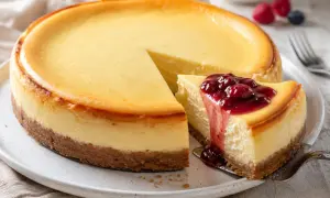 Deliciosa tarta de queso cremosa con base de galleta y cubierta de frutos rojos. Una rebanada se sirve con salsa de bayas.