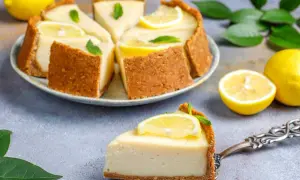 Deliciosa tarta de limón sin horno, cremosa y refrescante, decorada con rodajas de limón y hojas de menta.
