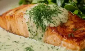 Delicioso salmón en papillote con salsa cremosa de eneldo y guarnición verde.