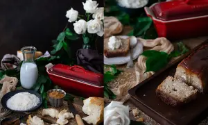 Delicioso pudin de coco casero, con ingredientes frescos como leche, coco rallado y pan, listo para hornear en su molde rojo.