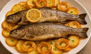 Dos truchas al horno, doradas y jugosas, acompañadas de patatas y rodajas de limón. Un plato principal delicioso y saludable.
