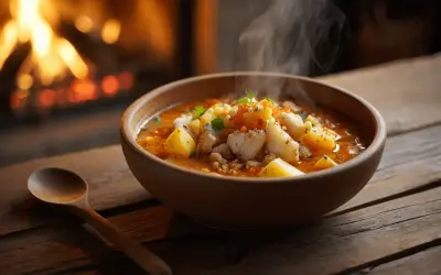 Un humeante plato de bacalao al horno sencilla, con patatas y verduras, junto a una chimenea encendida.