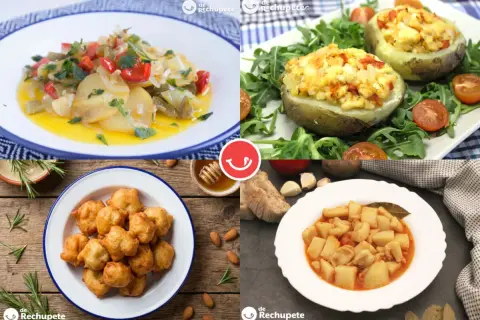 Cuatro platos deliciosos: patatas rellenas, buñuelos, guiso de patatas y verduras salteadas. ¡Ideas para tus recetas con verduras!