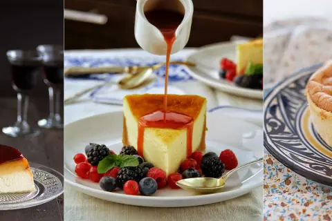 Deliciosa tarta de caramelo bañada en salsa, acompañada de frutos rojos y una porción de bizcocho esponjoso.