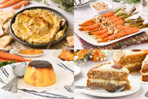 Hummus, zanahorias asadas, flan y pastel de zanahoria. Variedad de recetas con zanahoria para disfrutar.