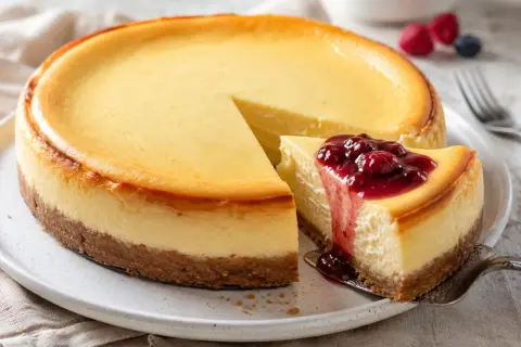 Deliciosa tarta de queso cremosa con base de galleta y cubierta de frutos rojos. Una rebanada se sirve con salsa de bayas.