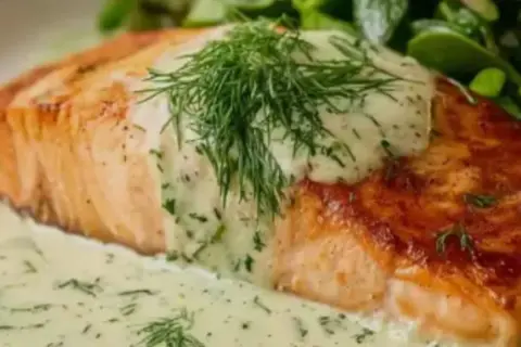Delicioso salmón en papillote con salsa cremosa de eneldo y guarnición verde.