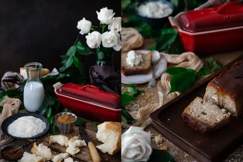 Delicioso pudin de coco casero, con ingredientes frescos como leche, coco rallado y pan, listo para hornear en su molde rojo.