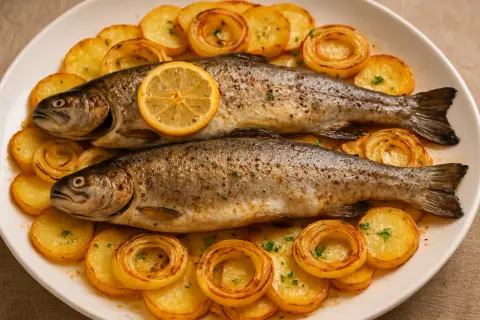 Dos truchas al horno, doradas y jugosas, acompañadas de patatas y rodajas de limón. Un plato principal delicioso y saludable.