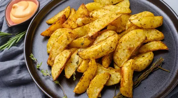 Patatas al horno crujientes y doradas, sazonadas con hierbas, servidas en un plato oscuro con una salsa cremosa y romero fresco.