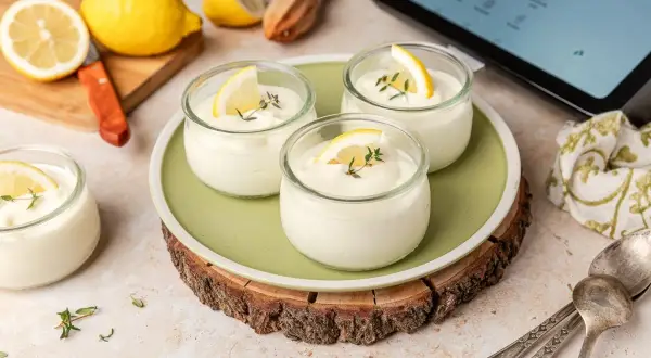 Delicioso mousse de limón Thermomix en vasitos, decorado con rodajas de limón y tomillo.