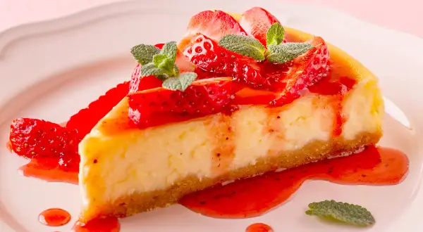 Deliciosa tarta de queso con fresas frescas y salsa de fresa, decorada con hojas de menta.