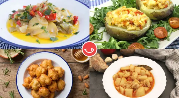 Cuatro platos deliciosos: patatas rellenas, buñuelos, guiso de patatas y verduras salteadas. ¡Ideas para tus recetas con verduras!