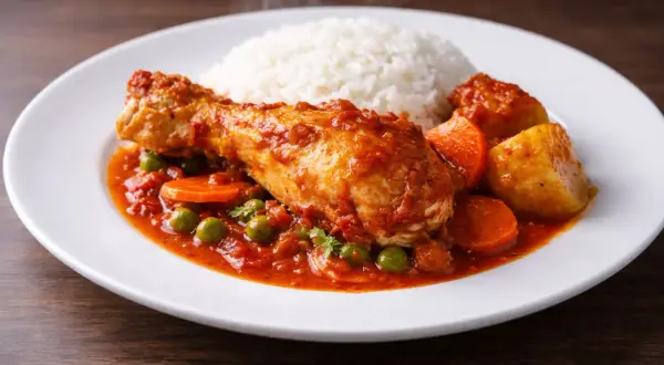 Sabroso estofado de pollo con arroz blanco, patatas y zanahorias.
