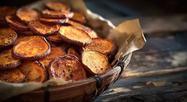 Rodajas de boniato al horno, crujientes y doradas, servidas en una cesta de mimbre.