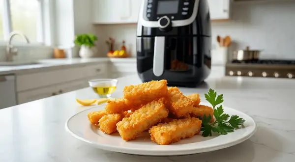 Palitos dorados de bacalao en airfryer, crujientes y listos para disfrutar.