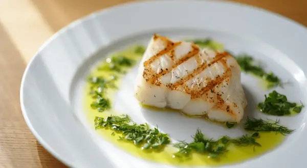 Un delicioso bacalao a la plancha, con marcas de parrilla doradas, servido en un plato blanco con aceite de oliva y hierbas frescas picadas.