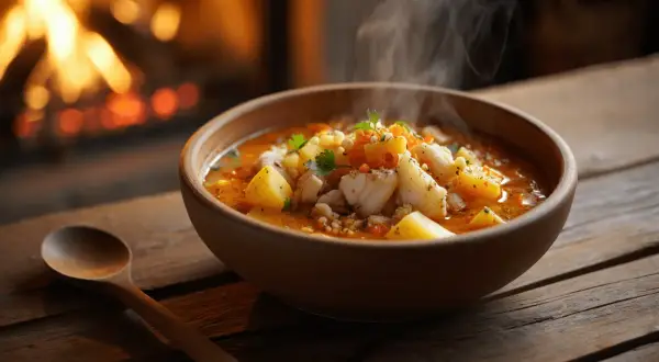 Un humeante plato de bacalao al horno sencilla, con patatas y verduras, junto a una chimenea encendida.