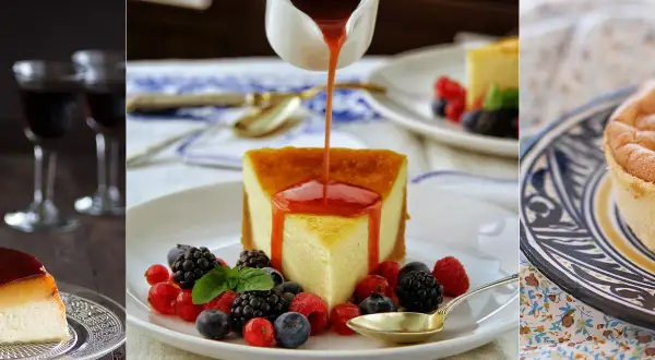 Deliciosa tarta de caramelo bañada en salsa, acompañada de frutos rojos y una porción de bizcocho esponjoso.