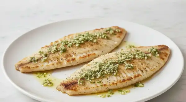 Dos filetes de merluza a la plancha, dorados y sazonados, con una guarnición verde y aceite.