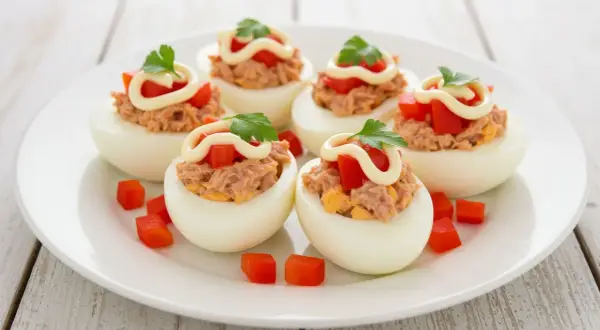 Deliciosos huevos rellenos con atún, tomate y mayonesa, perfectos para tu próxima receta.