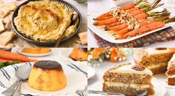 Hummus, zanahorias asadas, flan y pastel de zanahoria. Variedad de recetas con zanahoria para disfrutar.