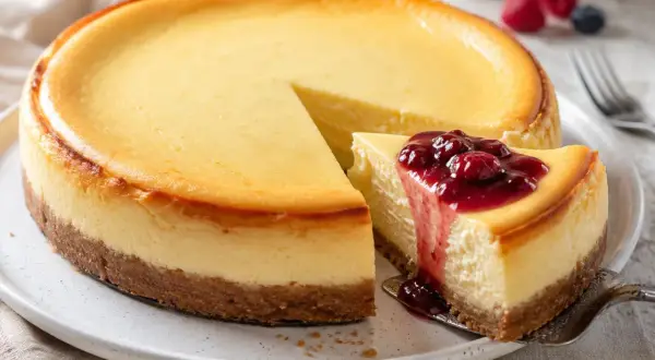 Deliciosa tarta de queso cremosa con base de galleta y cubierta de frutos rojos. Una rebanada se sirve con salsa de bayas.