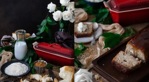 Delicioso pudin de coco casero, con ingredientes frescos como leche, coco rallado y pan, listo para hornear en su molde rojo.