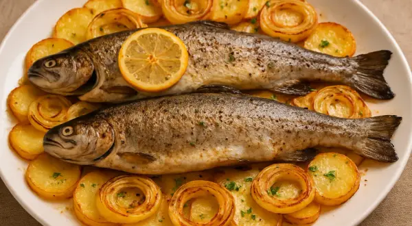 Dos truchas al horno, doradas y jugosas, acompañadas de patatas y rodajas de limón. Un plato principal delicioso y saludable.