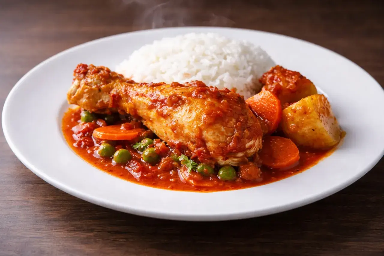 Sabroso estofado de pollo con arroz blanco, patatas y zanahorias.