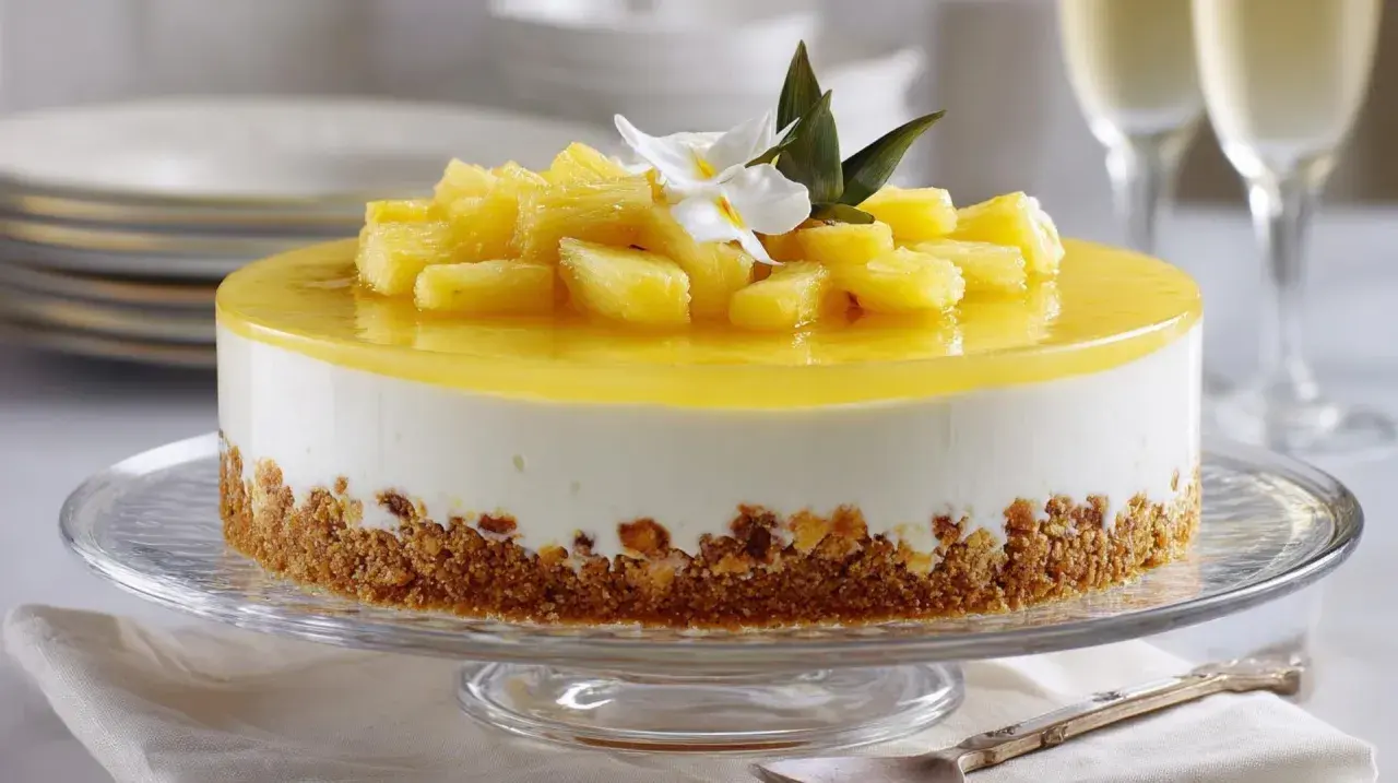 Deliciosa tarta de piña con trozos de fruta fresca y una capa de gelatina brillante, sobre una base crujiente.