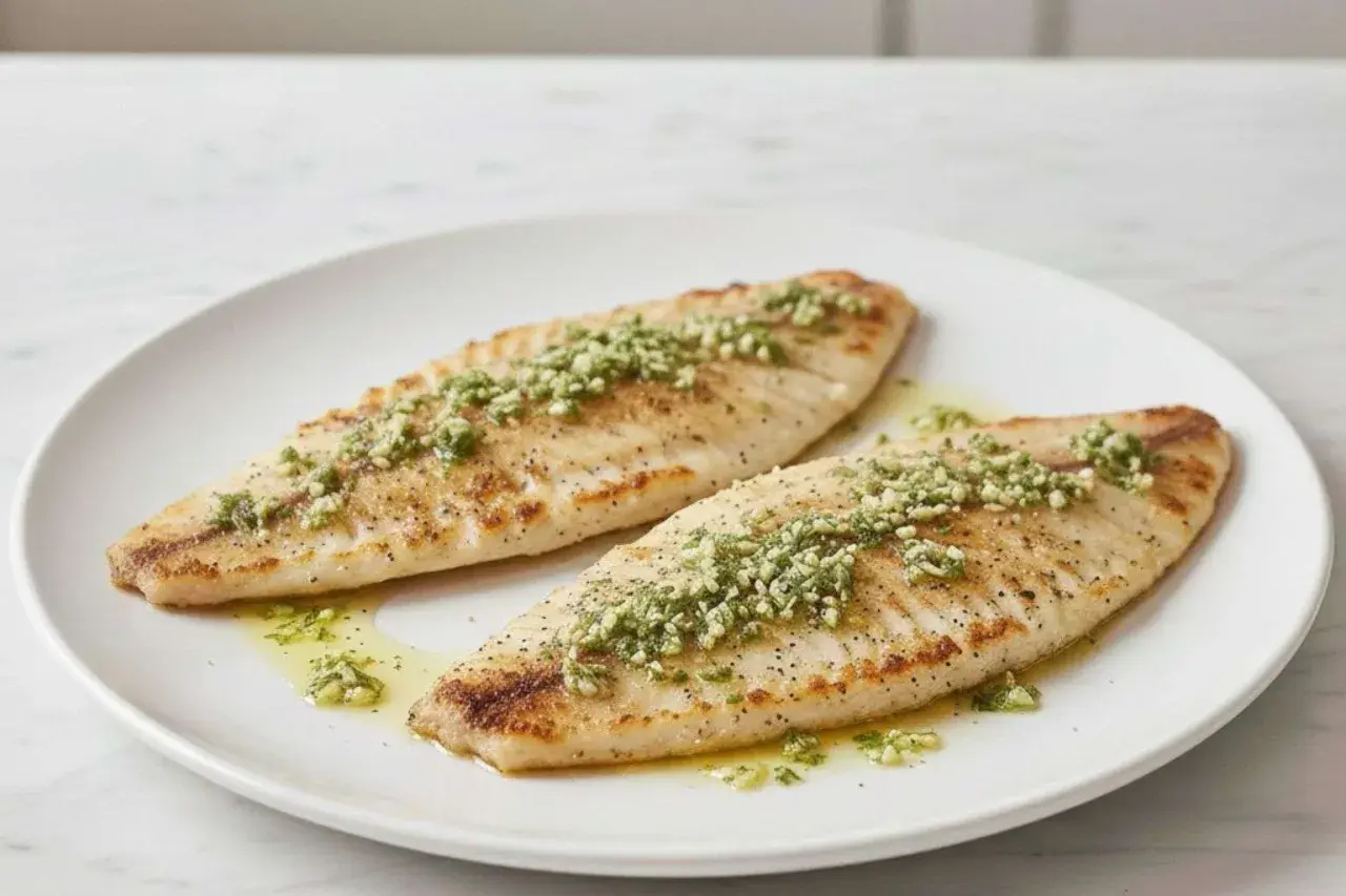 Dos filetes de merluza a la plancha, dorados y sazonados, con una guarnición verde y aceite.