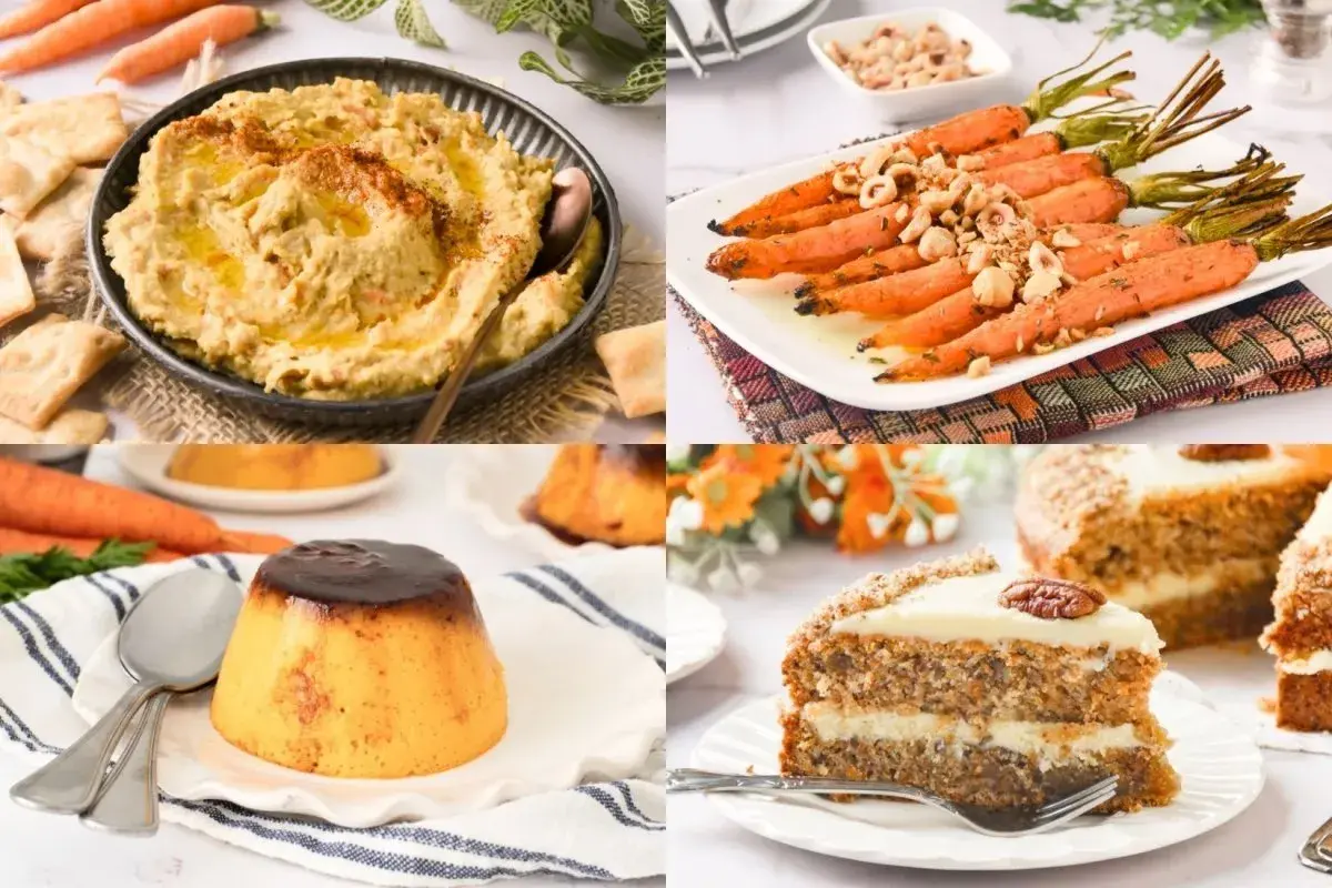 Hummus, zanahorias asadas, flan y pastel de zanahoria. Variedad de recetas con zanahoria para disfrutar.
