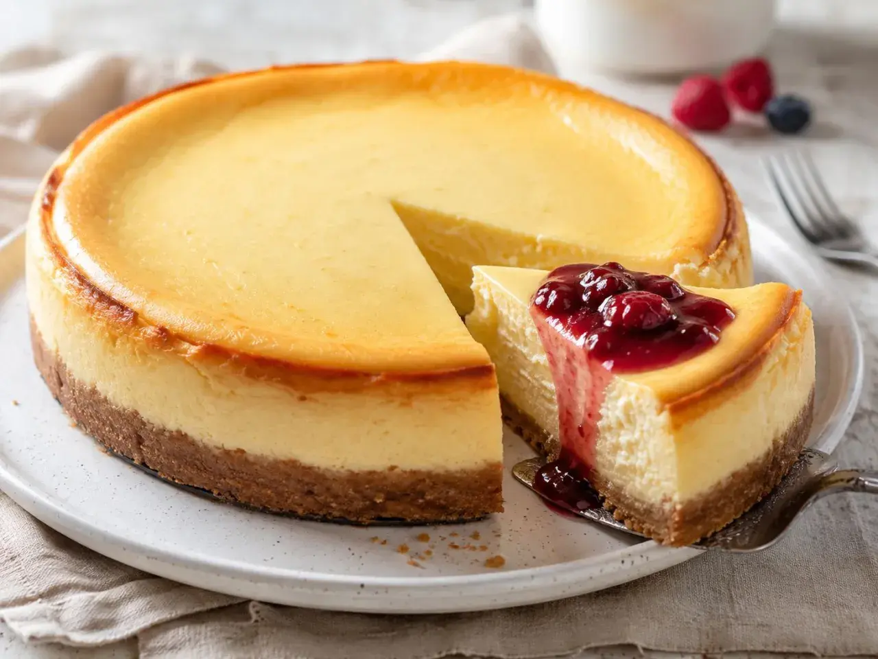 Deliciosa tarta de queso cremosa con base de galleta y cubierta de frutos rojos. Una rebanada se sirve con salsa de bayas.