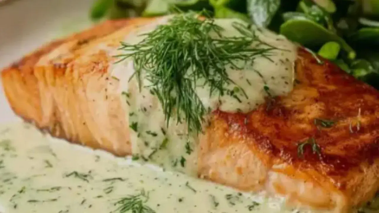 Delicioso salmón en papillote con salsa cremosa de eneldo y guarnición verde.