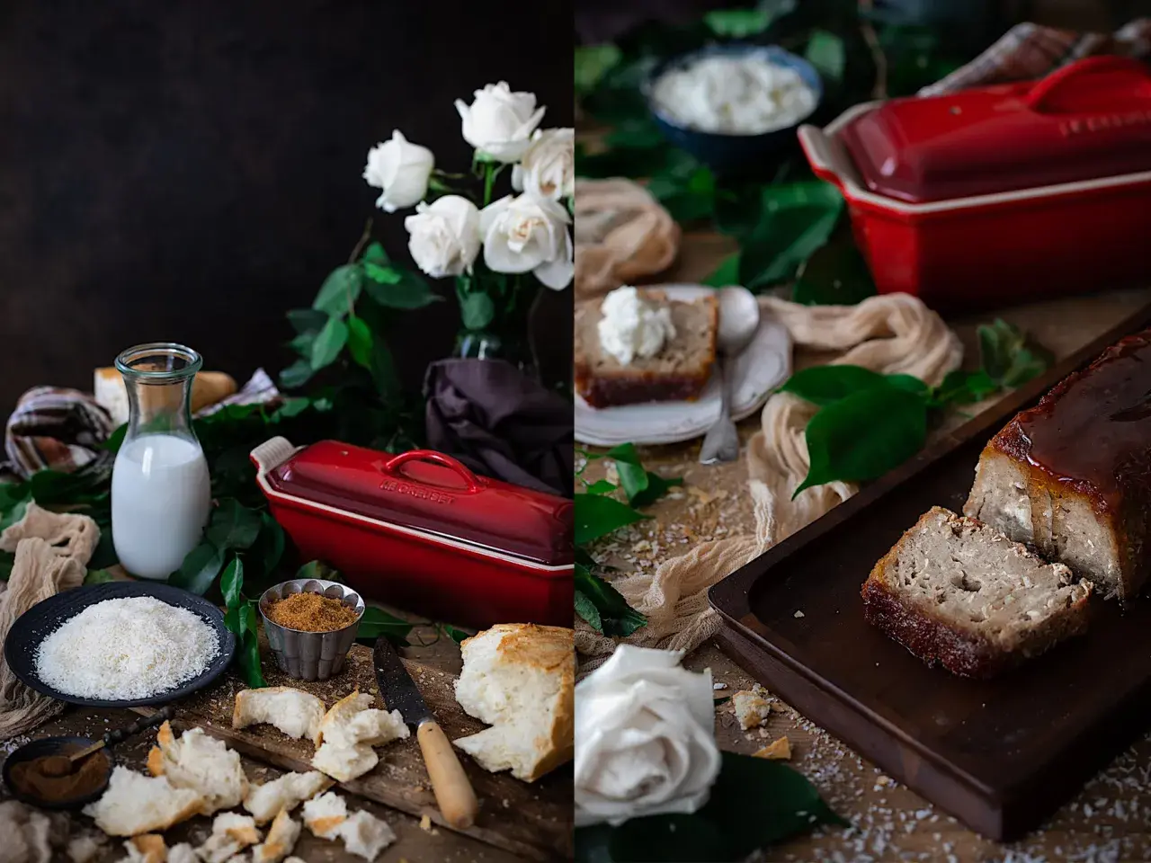 Delicioso pudin de coco casero, con ingredientes frescos como leche, coco rallado y pan, listo para hornear en su molde rojo.