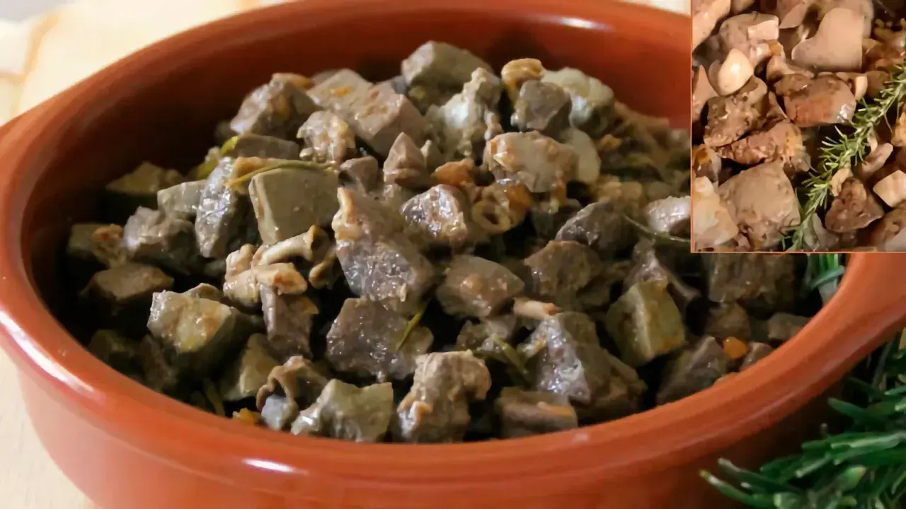 Deliciosa asadura de cordero guisada con hierbas aromáticas, servida en una cazuela de barro.