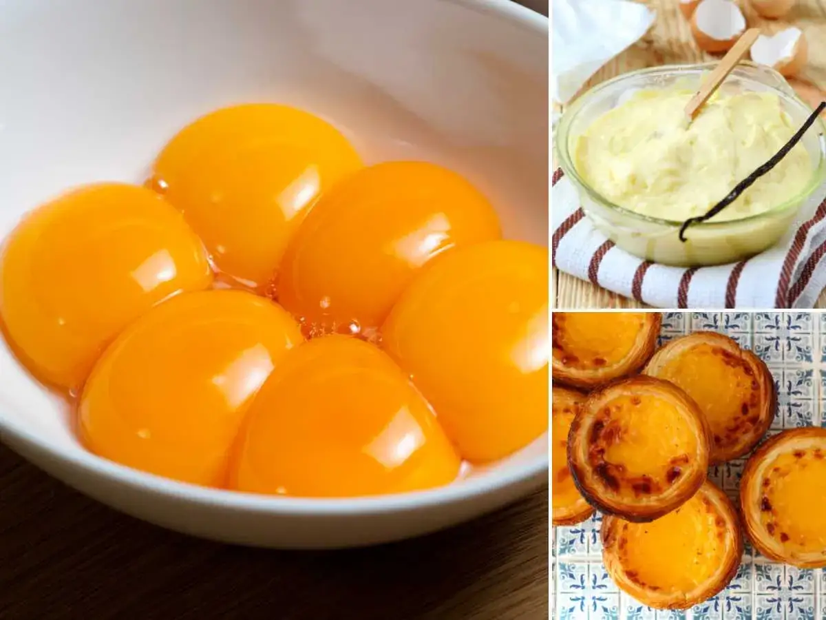Yemas de huevo en un bol, crema pastelera con vainilla y deliciosos huevos al horno.