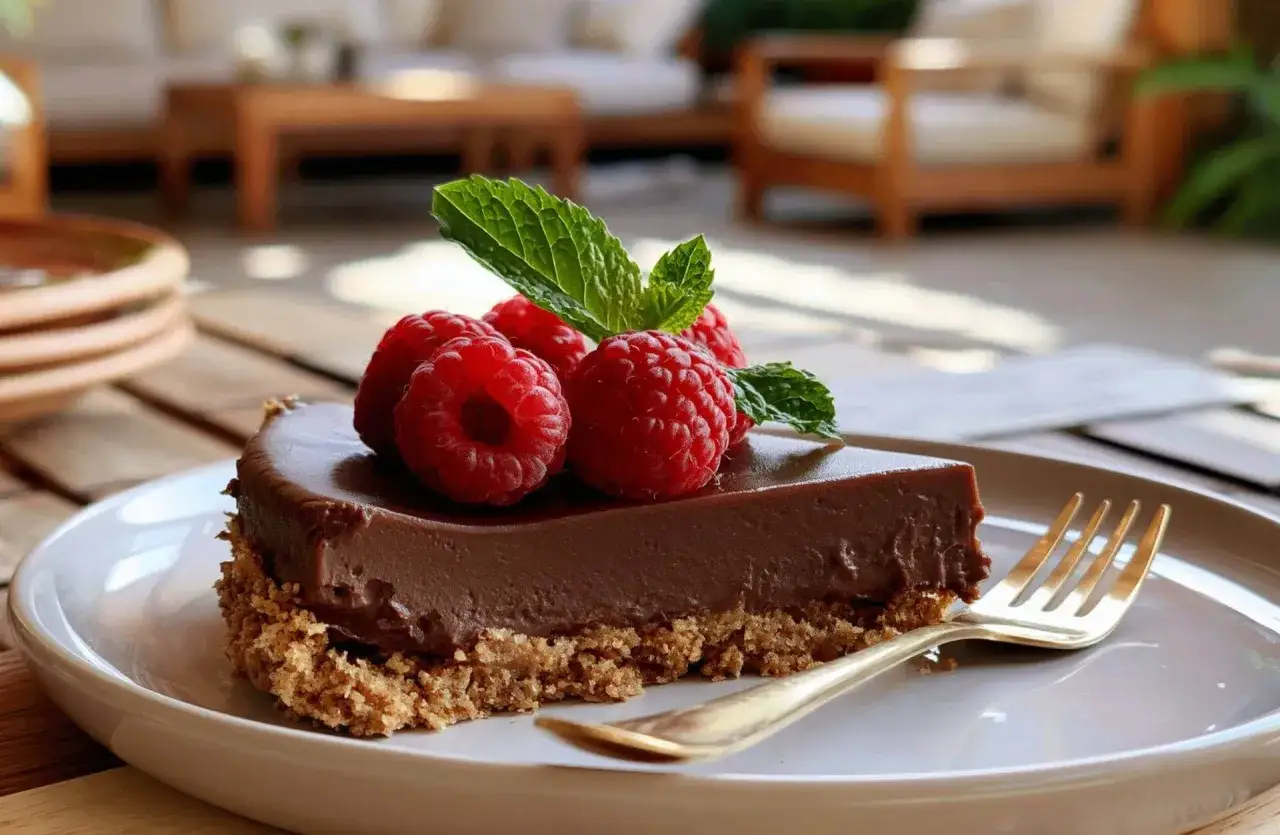 Deliciosa tarta de chocolate con frambuesas frescas y menta, lista para disfrutar.