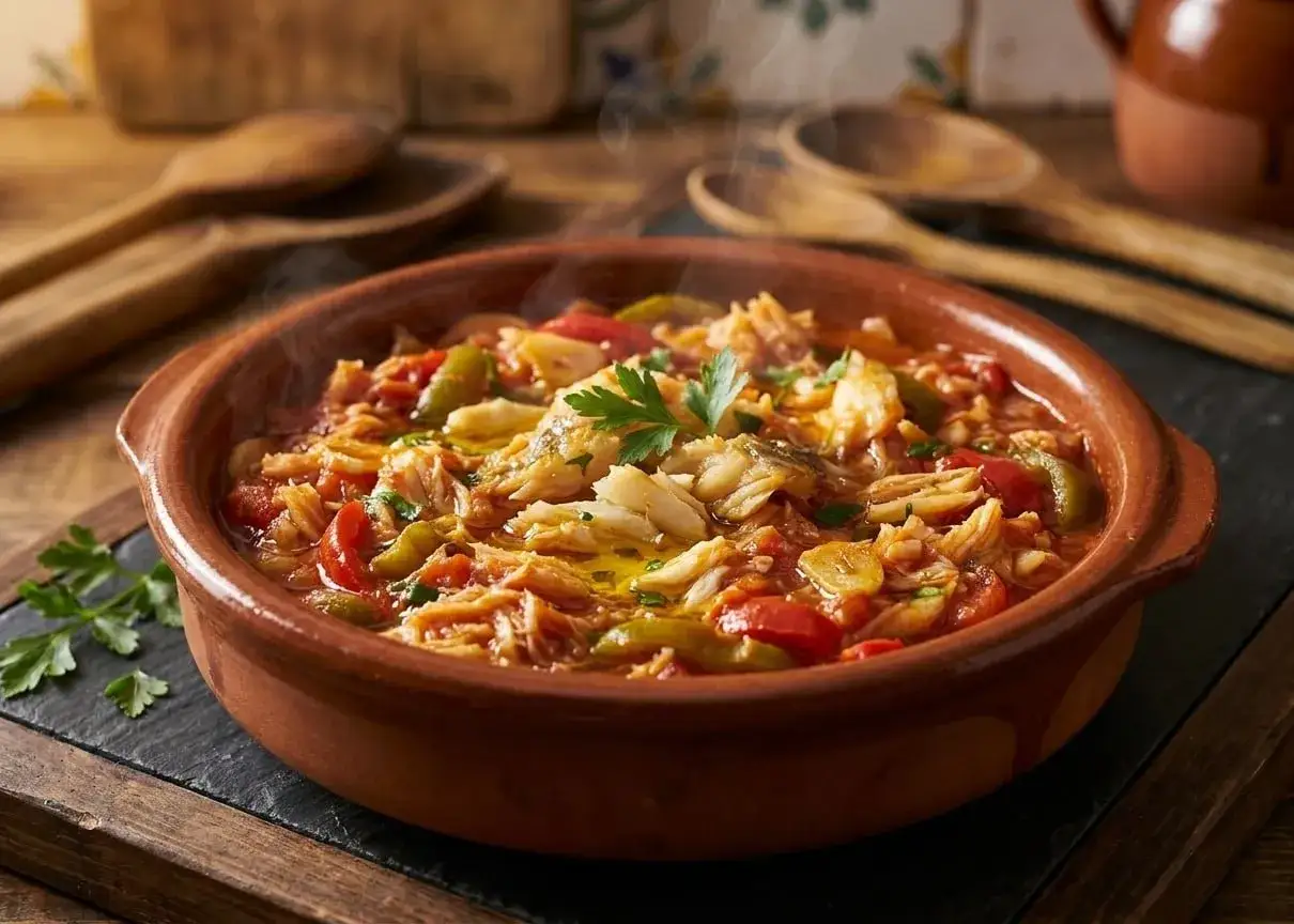 El aut&eacute;ntico ajoarriero navarro, un guiso humeante de bacalao desmigado con pimientos y tomate, listo para disfrutar.