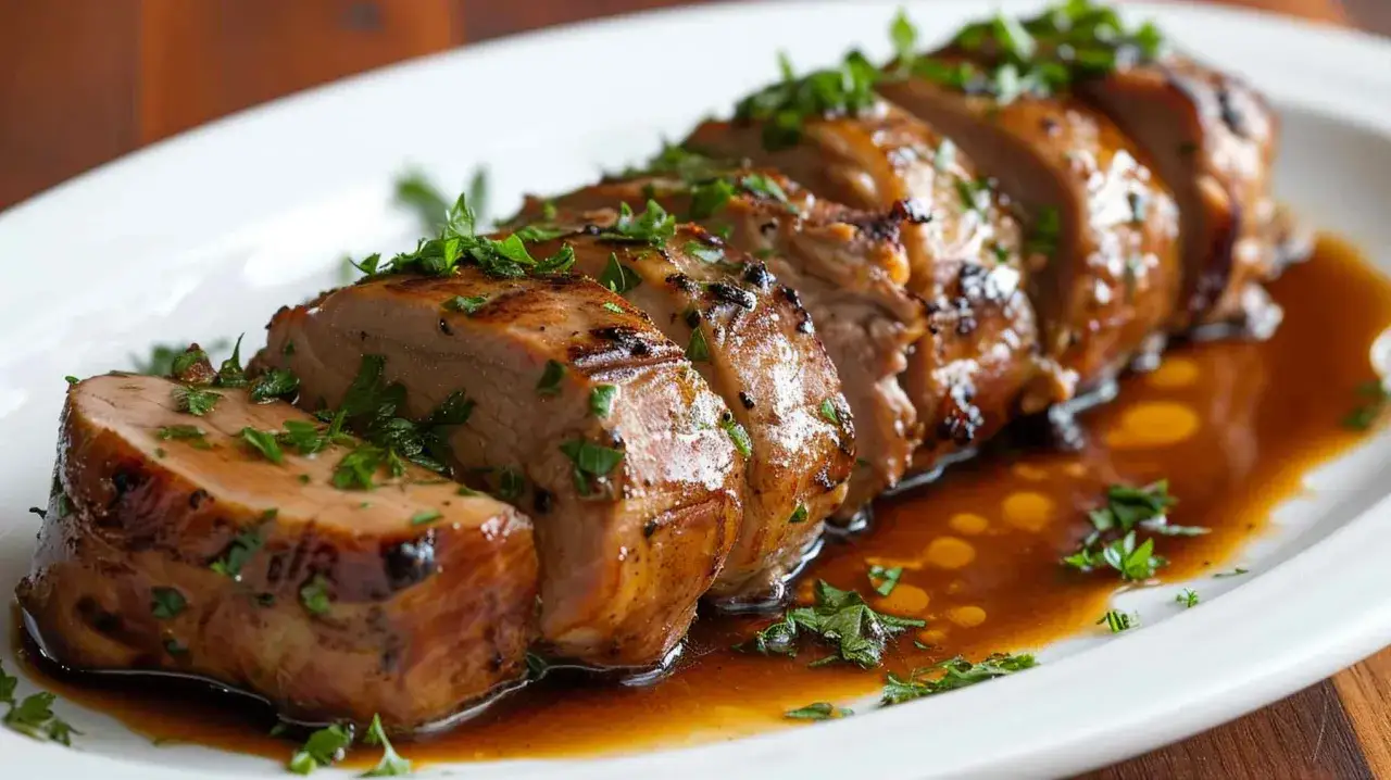 Solomillo al whisky jugoso y tierno, cortado en rodajas y ba&ntilde;ado en una rica salsa, adornado con perejil fresco.
