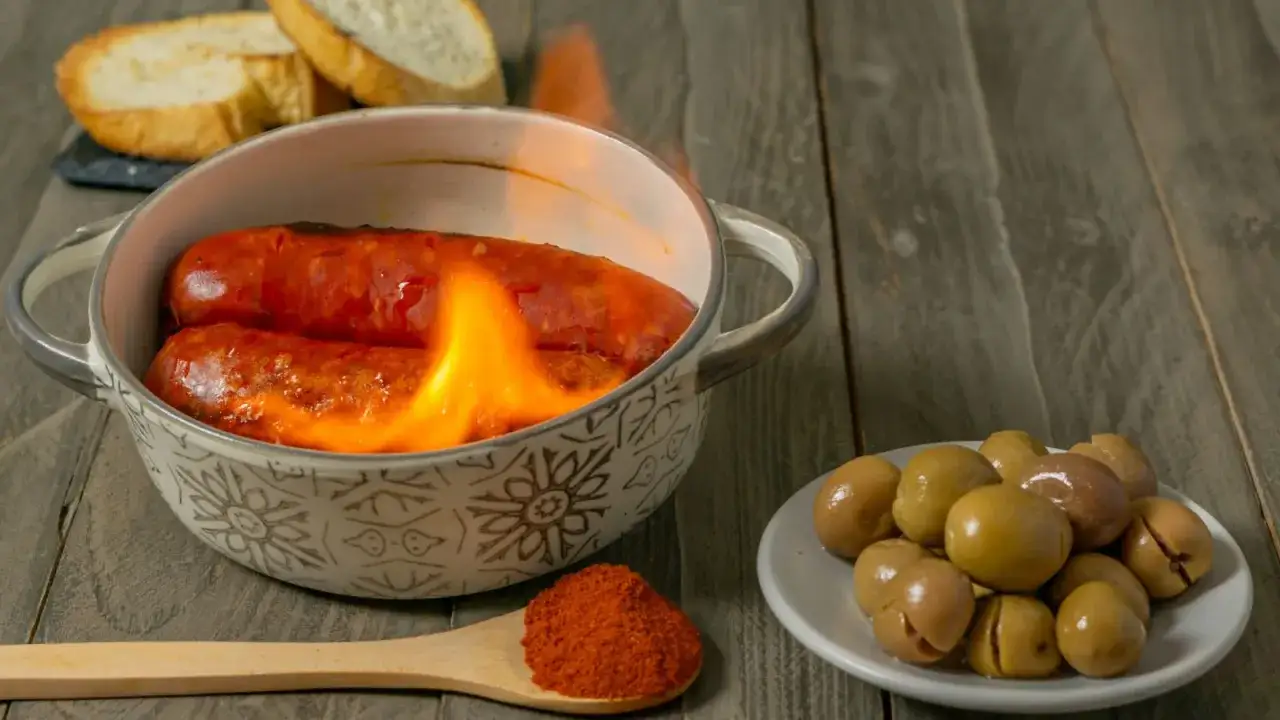 Chorizo al infierno ardiendo en una cazuela, acompañado de aceitunas, pan tostado y pimentón.